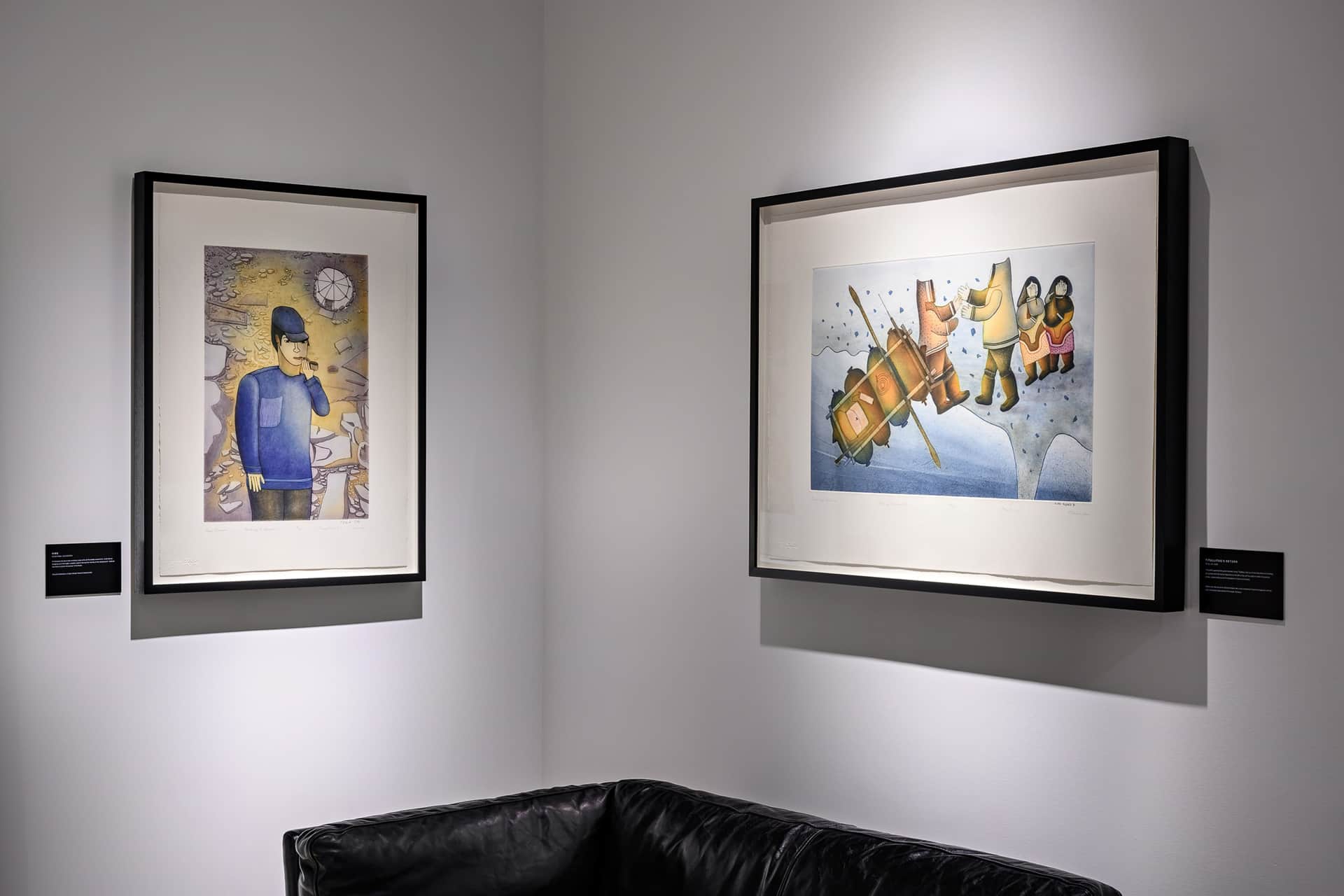 Pipe Dream by Shuvinai Ashoona and Titallitaq Returns by Mialia Jaw, installed at Canada Goose, West Edmonton Mall